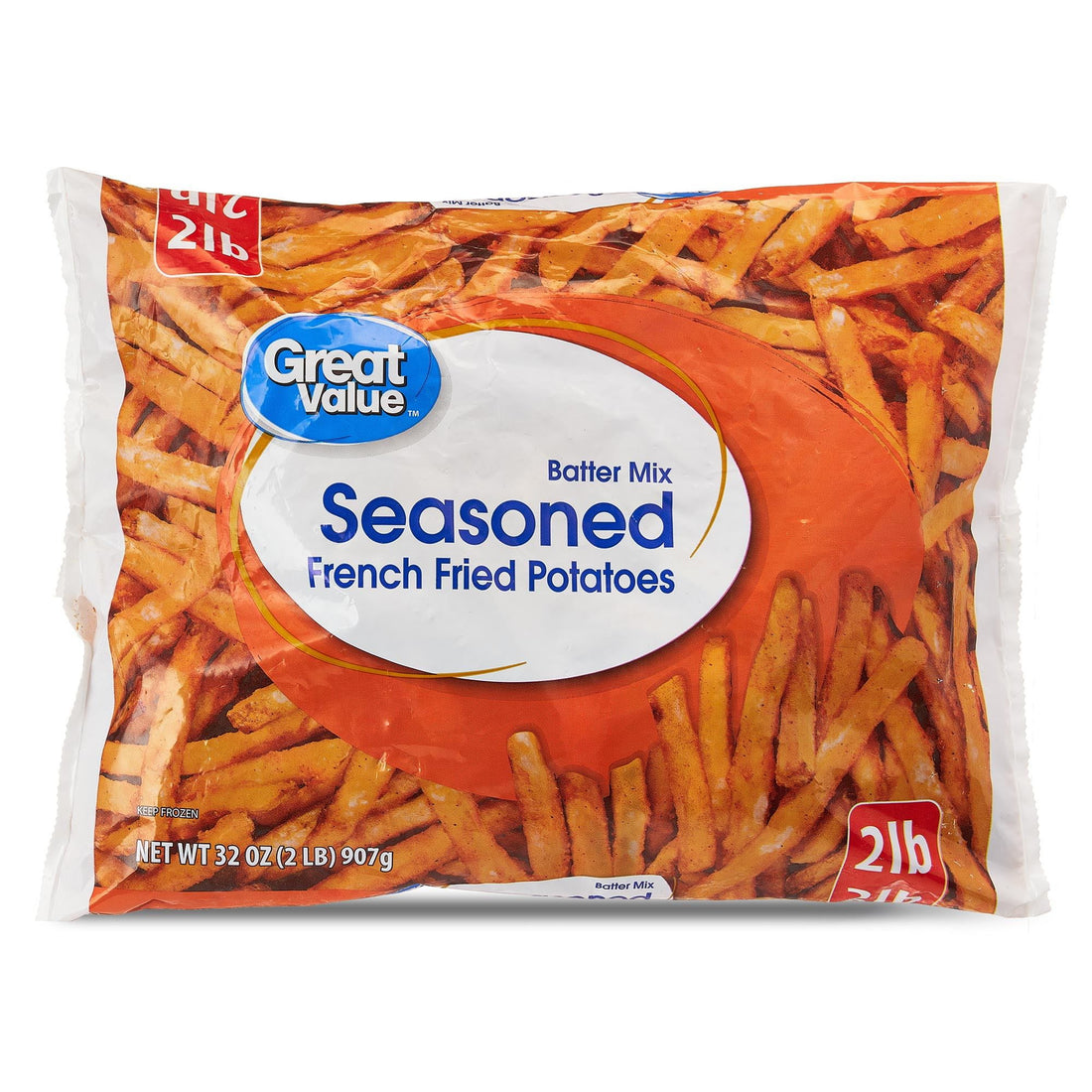 Great Value Seasoned French Fried Potatoes 32 oz bag, perfect for parties and game days, frozen for fresh flavor.