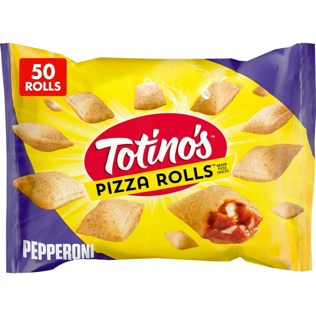 Totino's Pizza Rolls packaging featuring pepperoni flavored snacks, perfect for quick frozen snacks, 50 rolls, 24.8 oz.